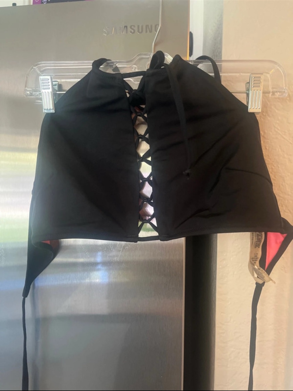 PINK Victoria's Secret Black Lace-Up Halter Bikini Top